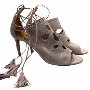 Aquazzura Taupe Cutout Heels with Tassel Ties